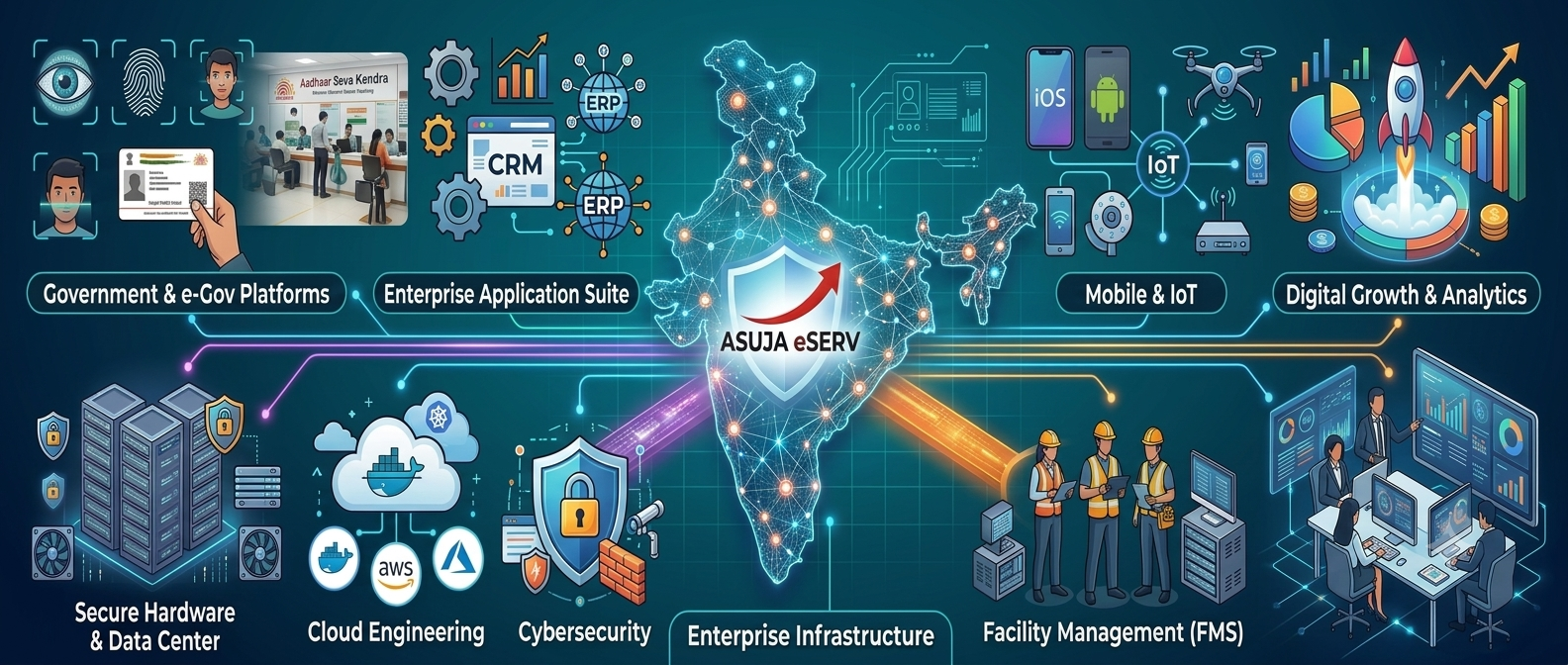 Asuja eServ IT services ecosystem: government platforms, enterprise applications, mobile and IoT, digital growth analytics, secure infrastructure, cloud engineering, cybersecurity and facility management